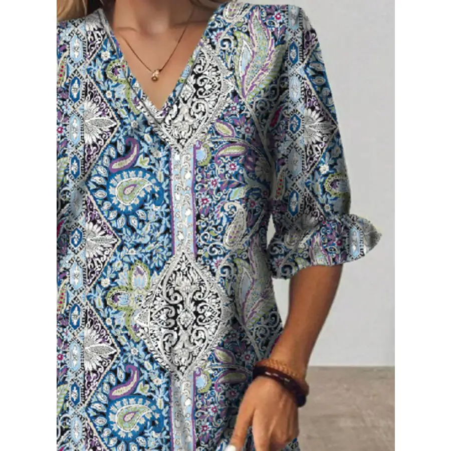 Full Size Bohemian Paisley V-Neck Midi Dress Plus Size