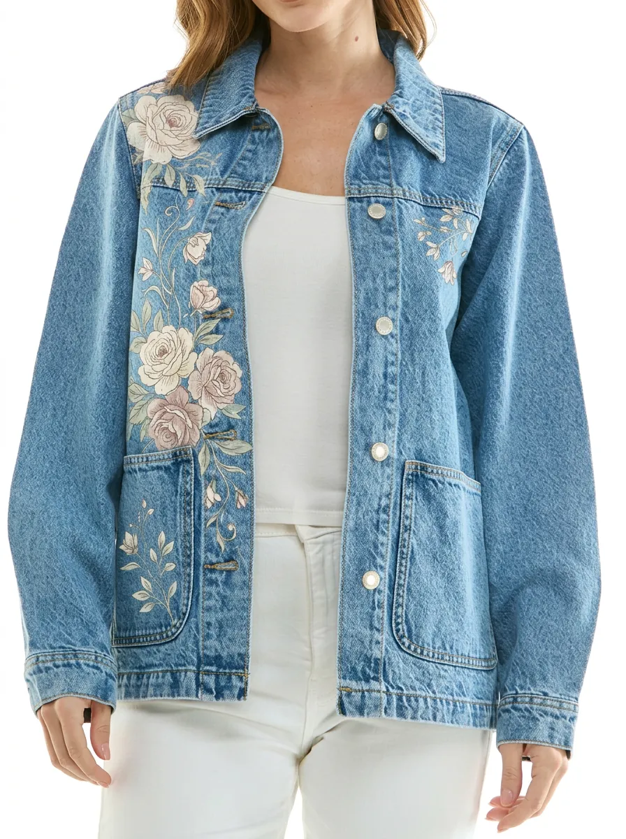 Women's Vintage Floral Rose Printed Denim Jacket