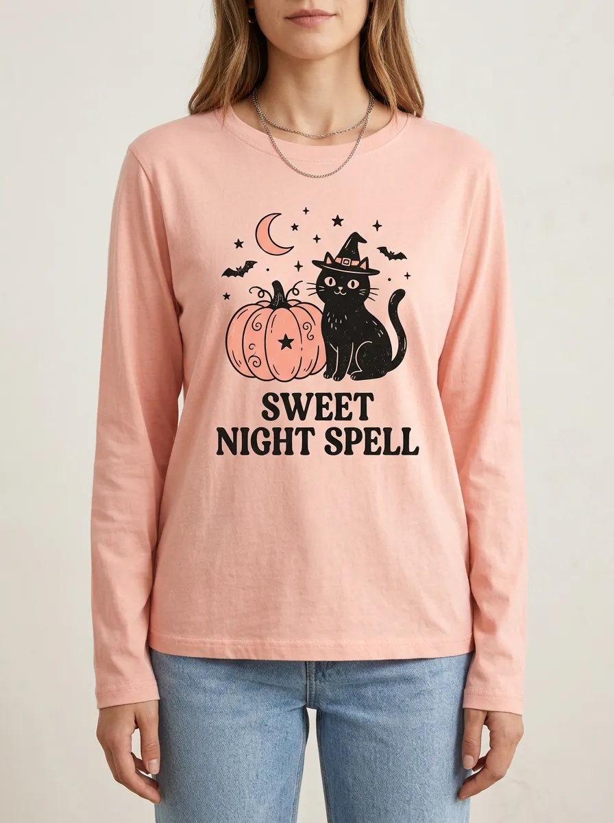 Moonlit Pumpkin -Cat Halloween Cotton Linen Long Sleeve Top