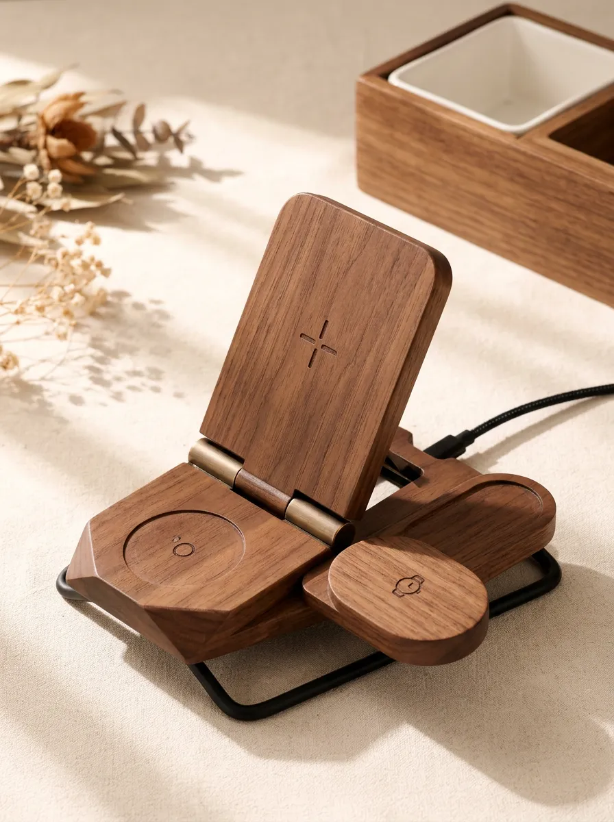 Walnut Wood Foldable 3-in-1 Wireless Charging Station