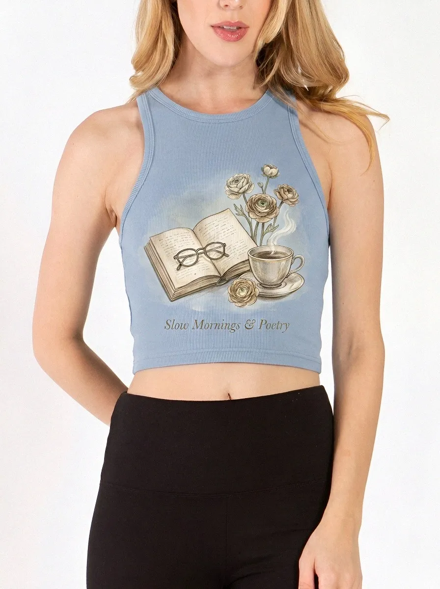 Women's Book Lover Coffee Flowers Printed Ribbed Crop Top