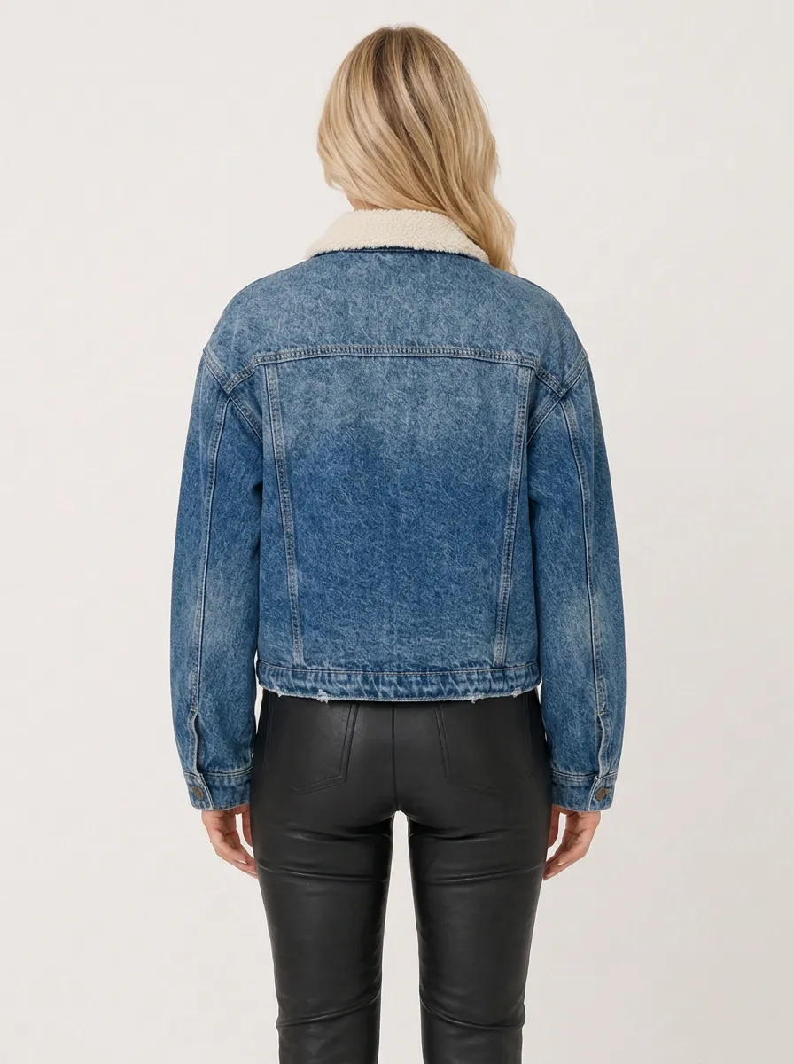 Women's Sherpa Collar Utility Pocket Denim Jacket