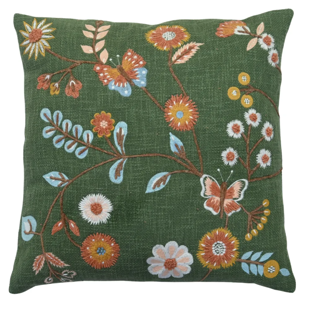 Embroidered Botanical Textured Cotton Decorative Cushion Cover