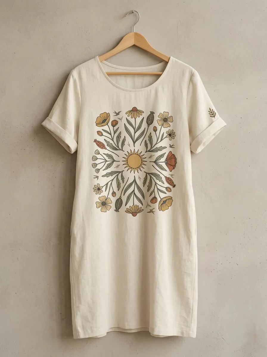Boho Nature Lover Sun And Wildflower T-Shirt Dress