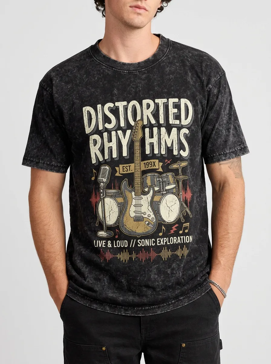 Men's Rock Band Guitar Drum Printed Acid Wash T-shirt