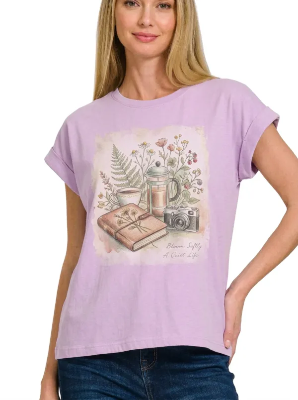 Women's Coffee Camera Journal Floral Printed T-shirt