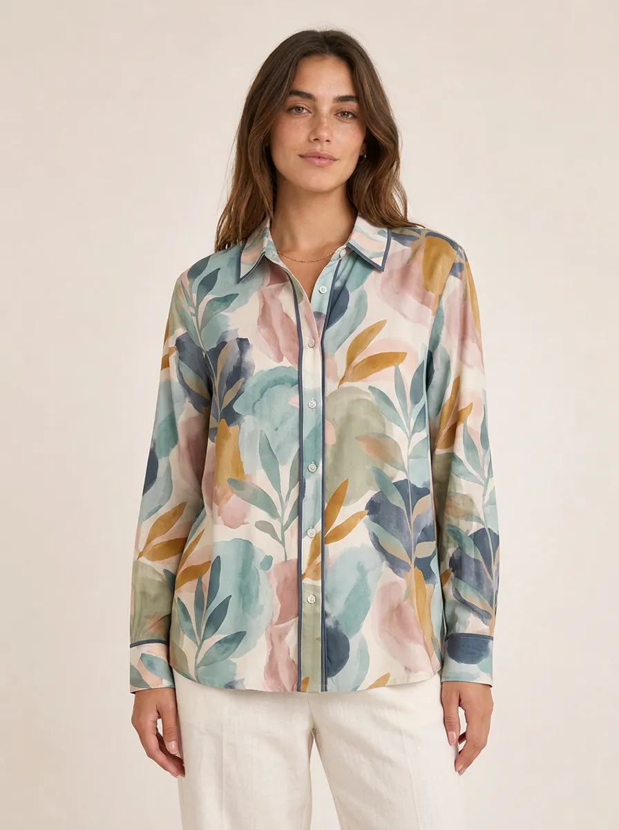 Women's Abstract Botanical Watercolor Printed Button-down Shirt