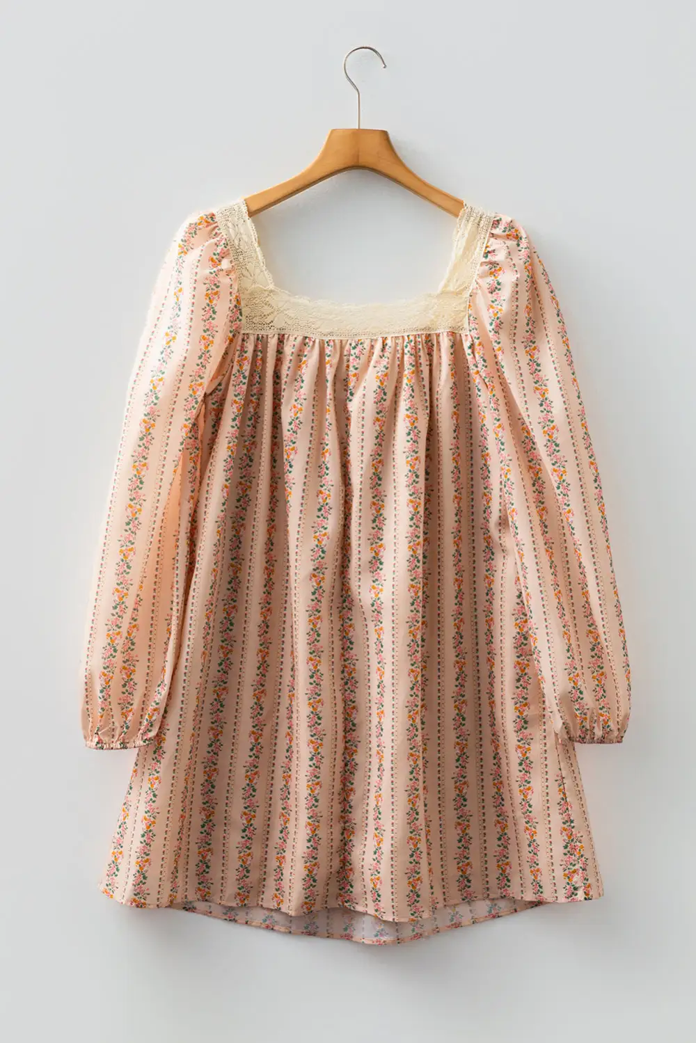 Floral Print Contrast Velvet Bow Lace Patchwork Long Sleeve Loose Mini Dress