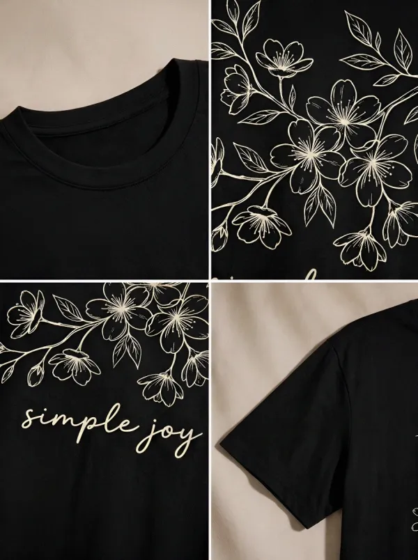 Women's Simple Joy Floral Botanical Line Art Printed T-shirt