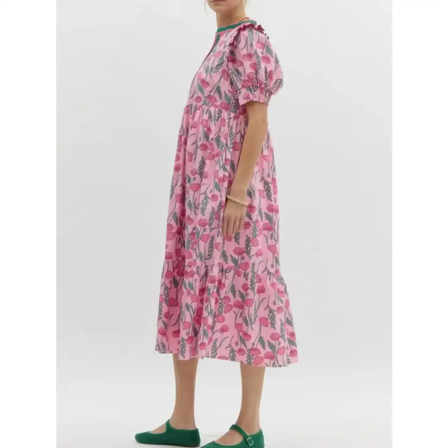 Puff Sleeve Midi Dress with Contrast Trim