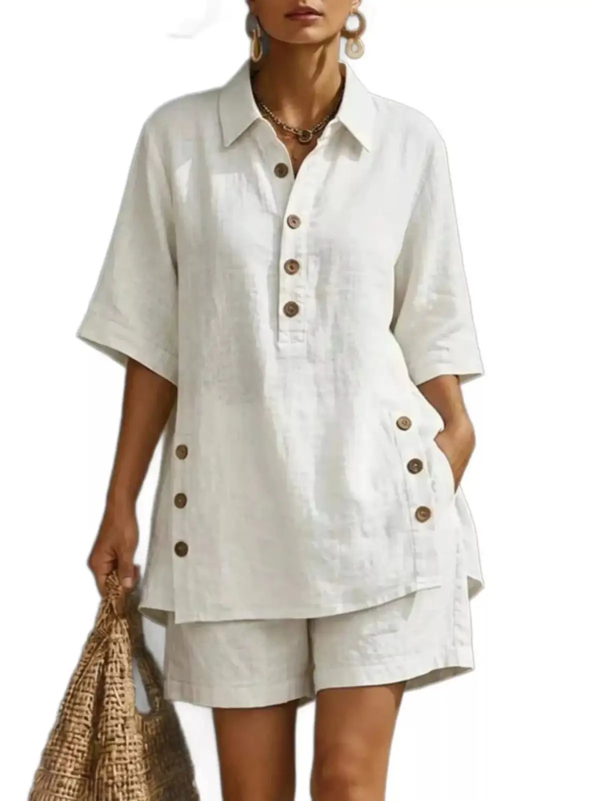 Pocketed Linen Shirt and Shorts Matching Set