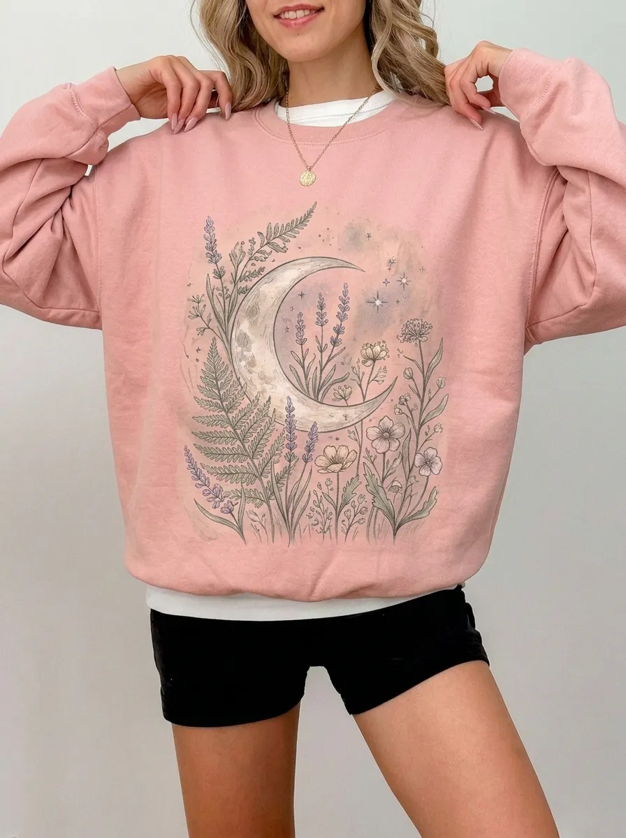 Women's Celestial Botanical Moon Floral Printed Sweatshirt