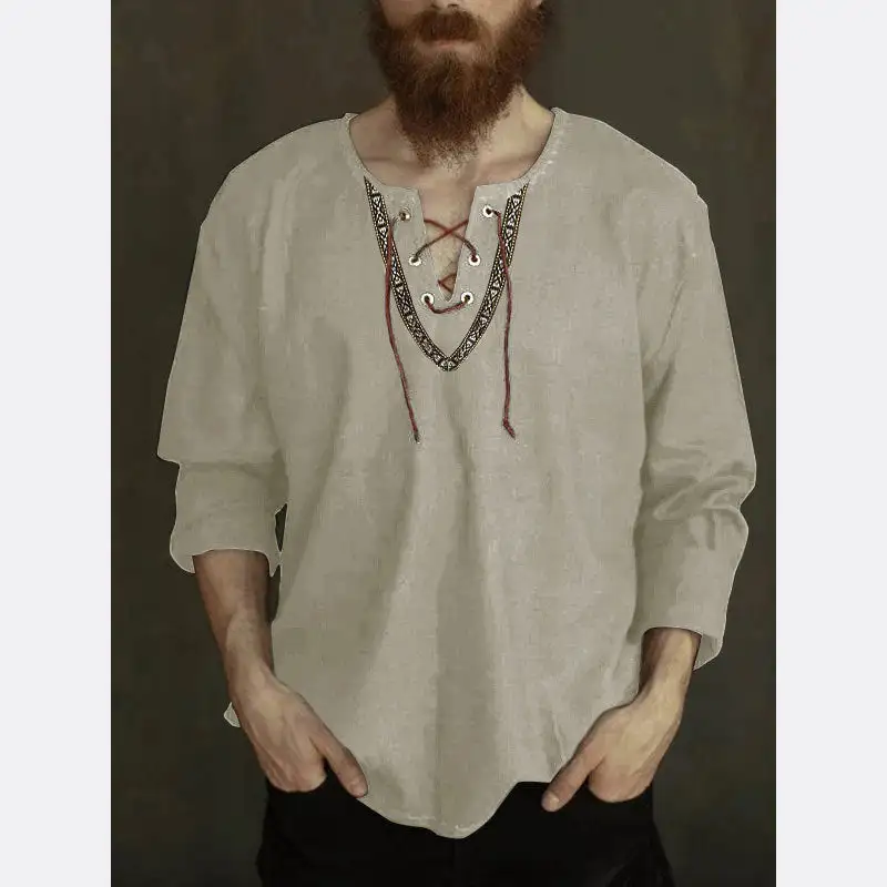Men's Linen Tunic Shirt With Lacing And Ethnic Border