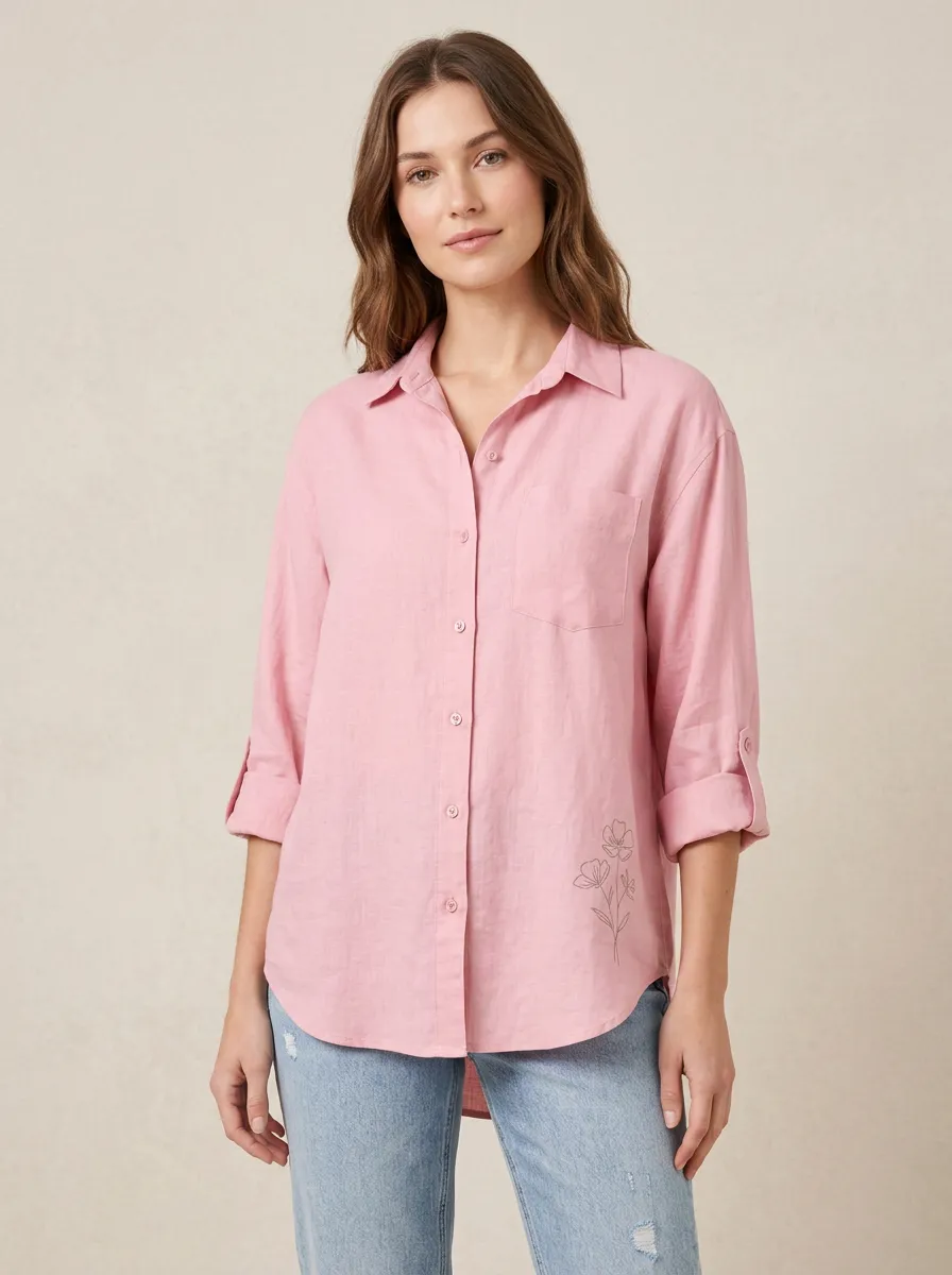 Women's Floral Lover Pink Botanical Line Art Printed Shirt