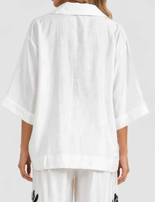 Loose V Neck Embroidery Color Block Blouse