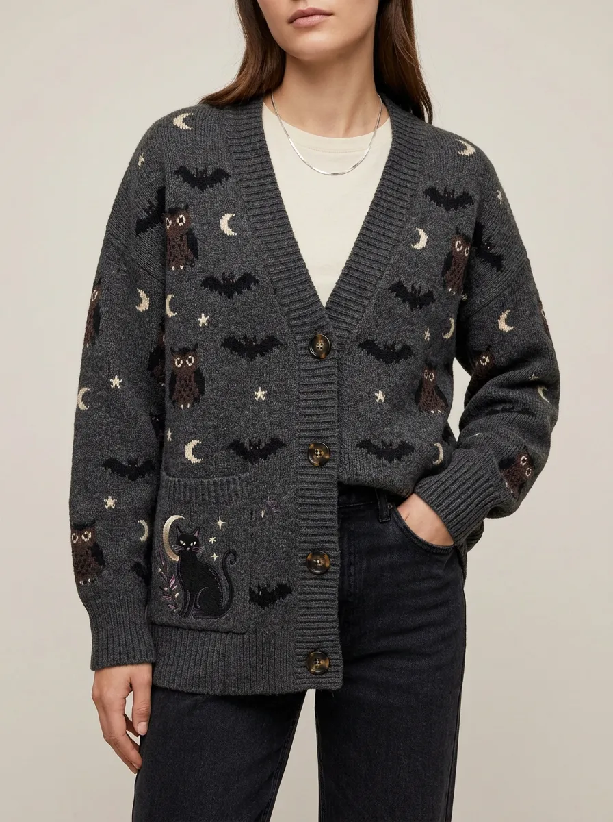 Women's Owl Bat Cat Moon Halloween Knit Cardigan