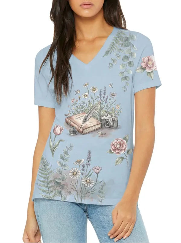 Women's Book Lover Vintage Camera Floral Printed V-neck T-shirt