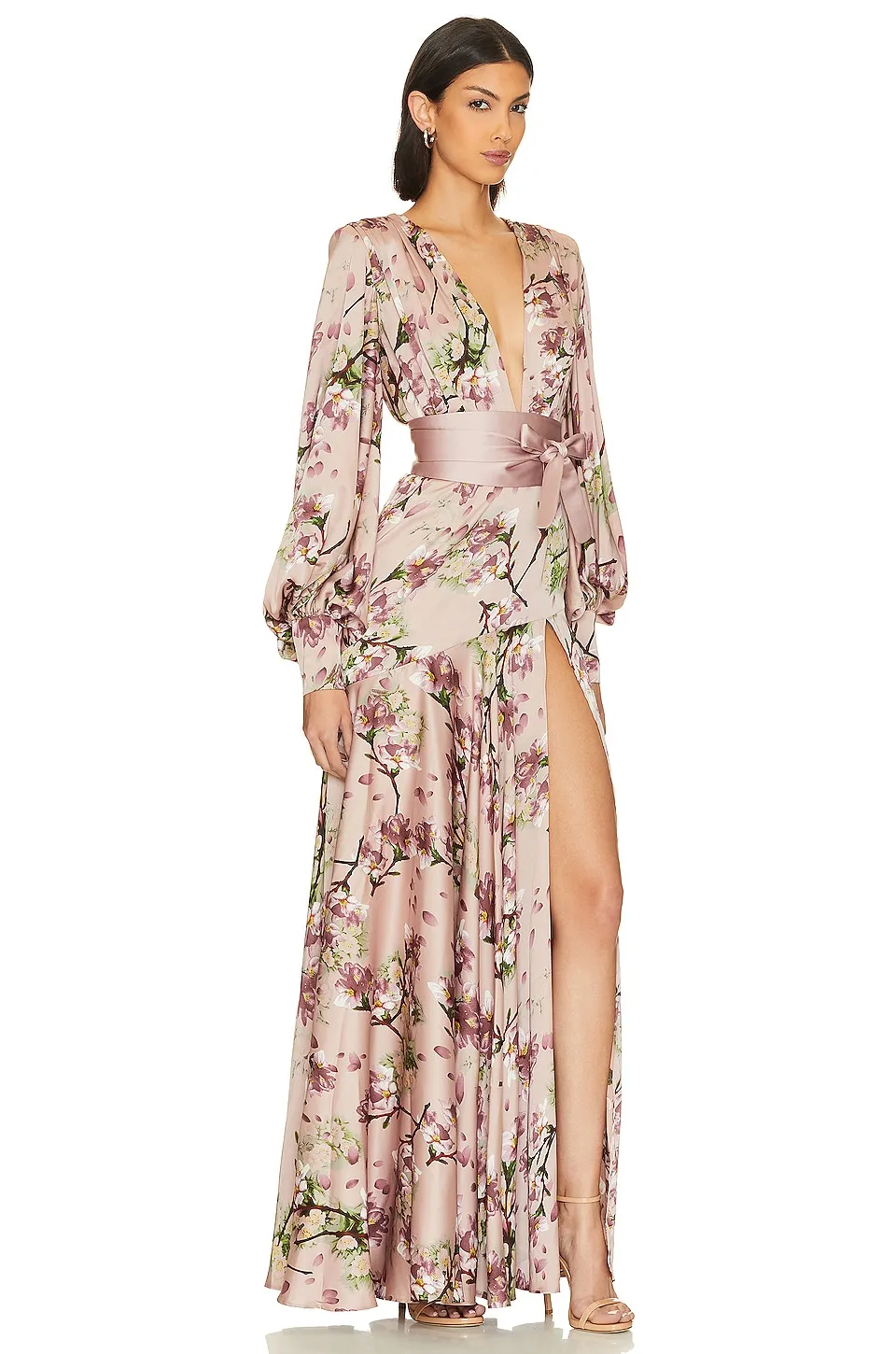 Satin V-Neck Floral Lantern Sleeve Maxi Dress