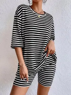 Casual Refined Striped Top and Shorts Matching Set