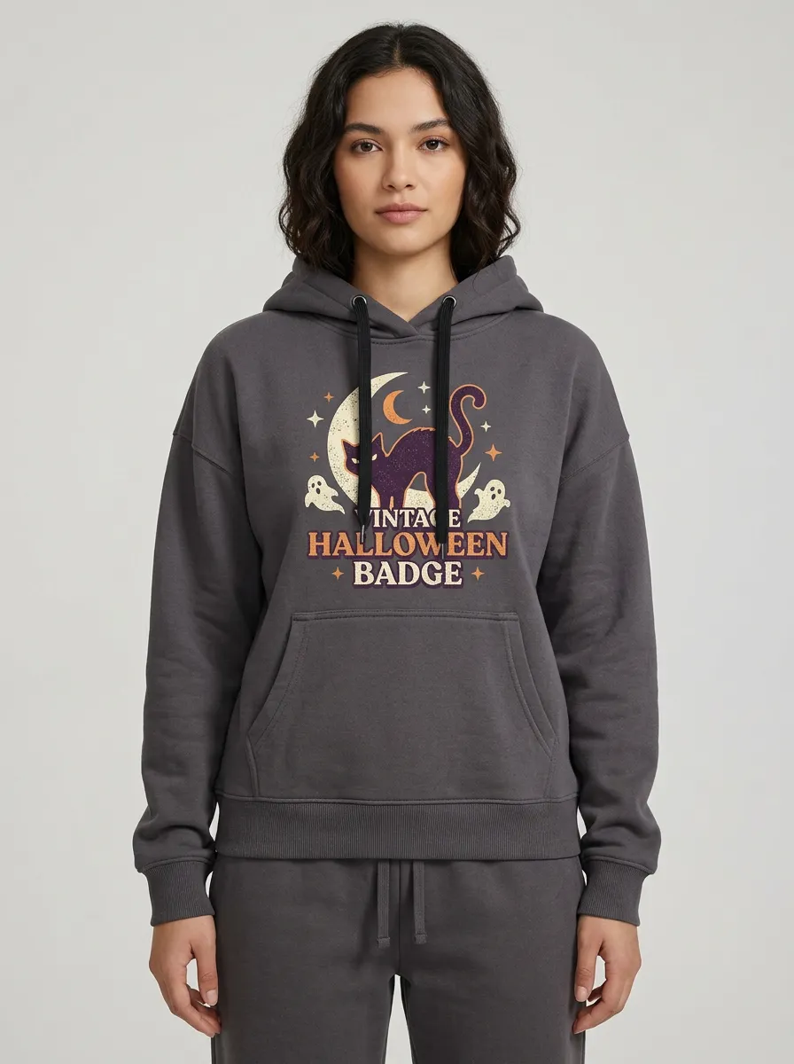 Women's Halloween Cat Moon Ghost Vintage Badge Printed Hoodie