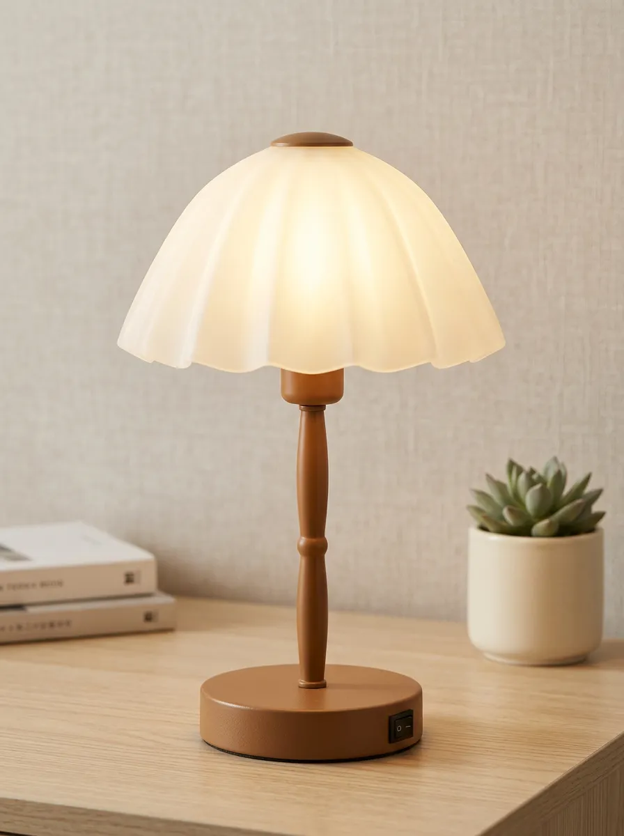 Vintage Pleated Glass Shade Wooden Base Night Light
