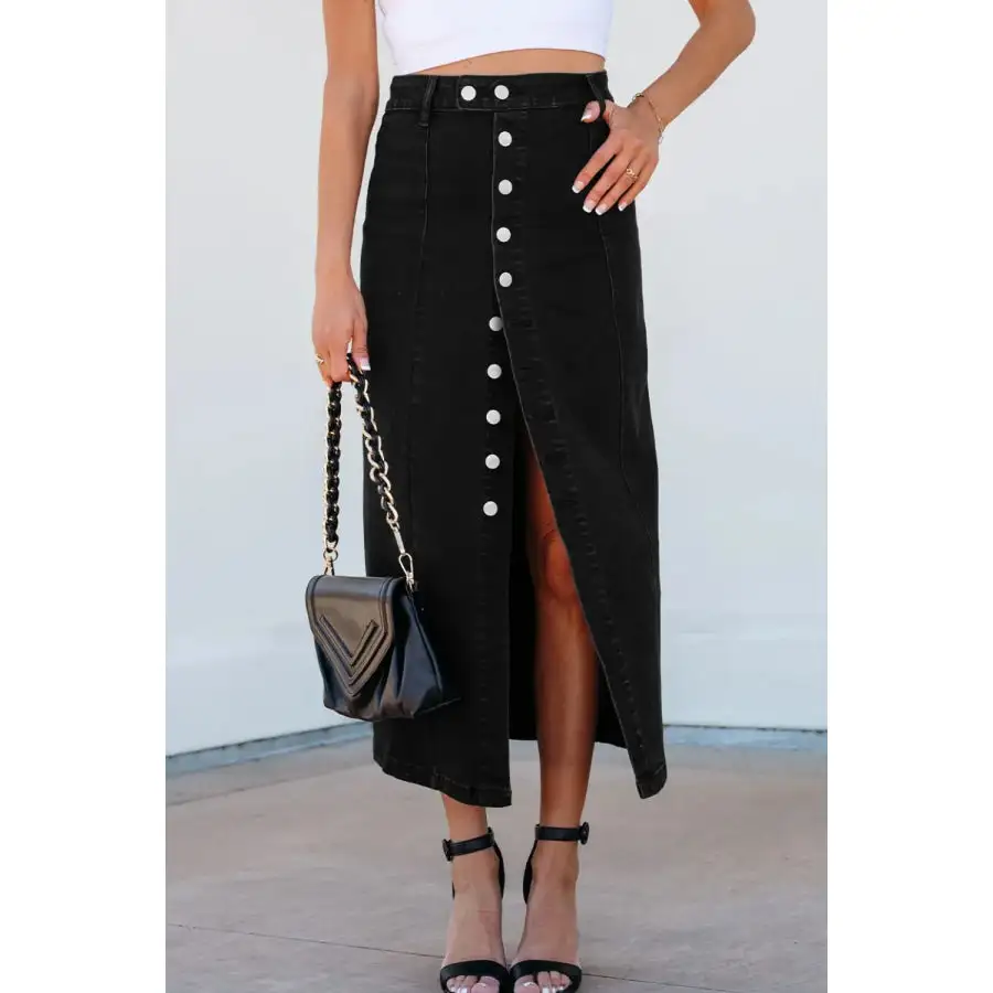 Button Fly Side Split Denim Midi Skirt
