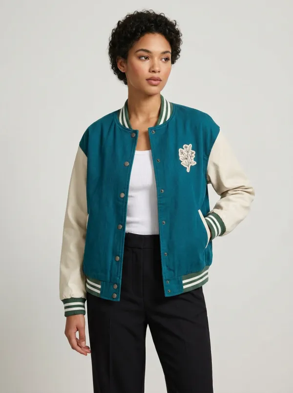Women's Botanical Floral Line-Art Pattern Varsity Jacket