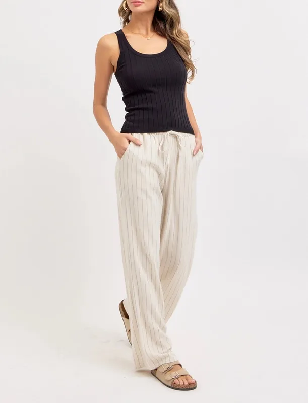 Striped Linen Blend Drawstring Pants