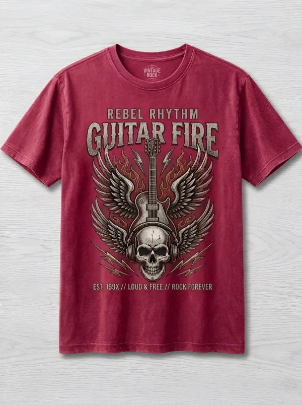 Men's Rock Music Skull Guitar Wings Printed T-shirt