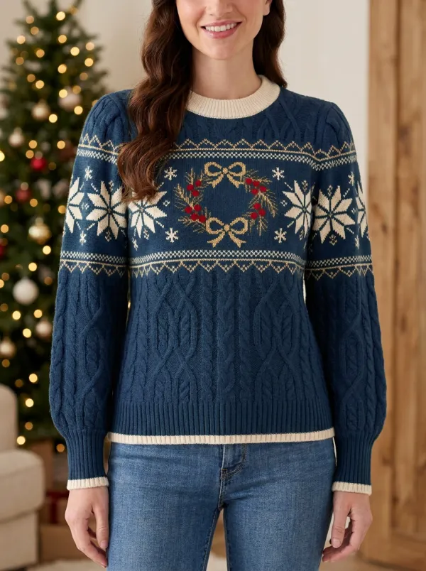 Festive Christmas Holiday Wreath Snowflake Pattern Print Sweater