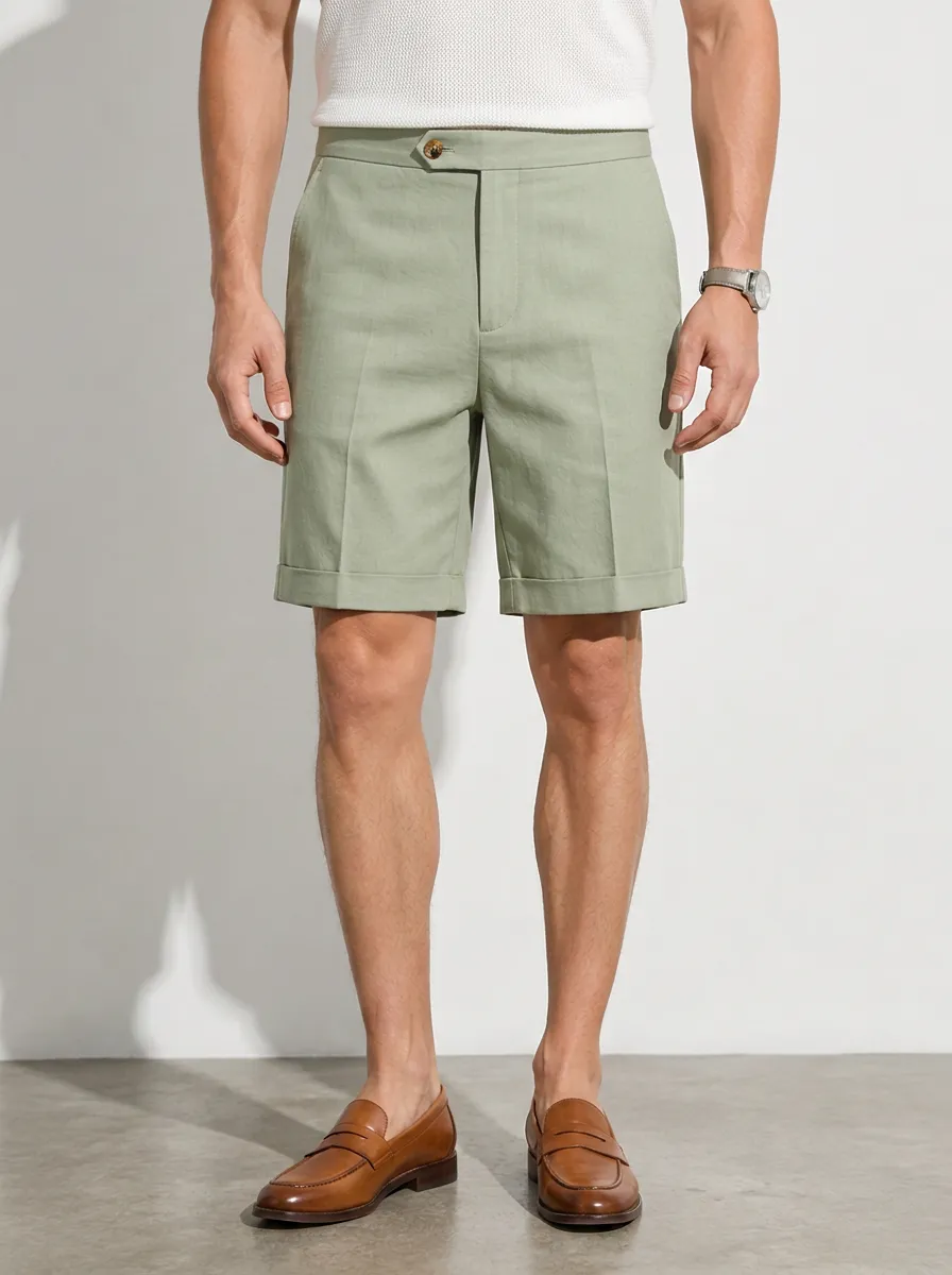 Men's Casual Sage Green Solid Color Tailored Shorts