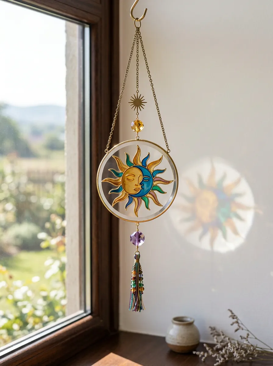 Boho Celestial Sun Moon Printed Suncatcher Pendant