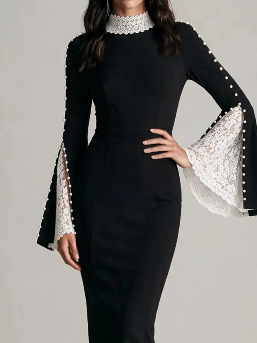 Elegant High Neck Lace Bell Sleeve Pencil And Pearl Embellished Midi Dress