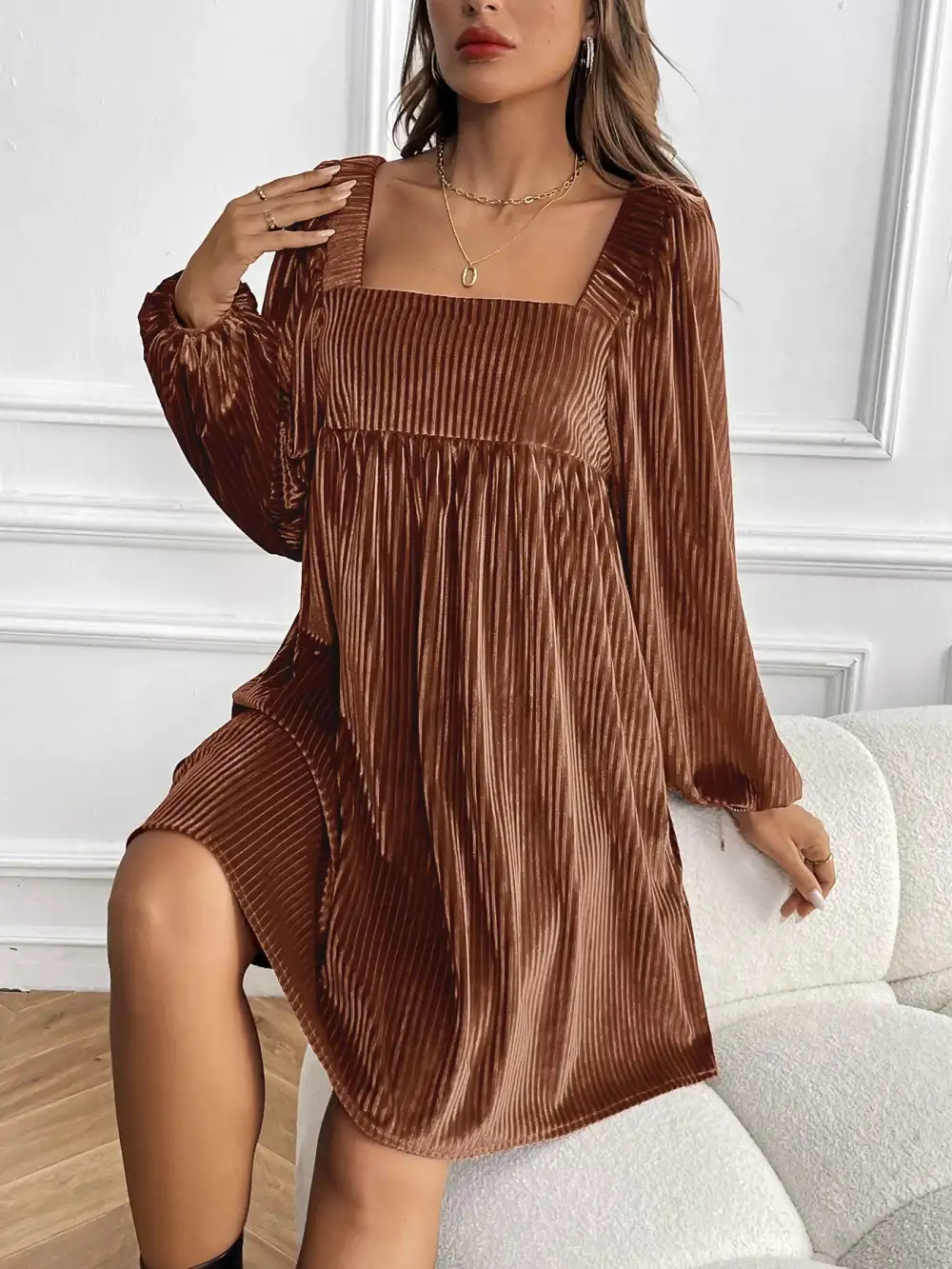 Square Neck Long Sleeve Casual Dress