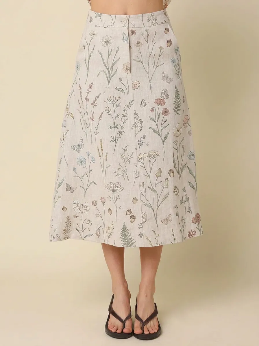 Women's Button-Front Botanical Butterfly Floral Printed Midi Skirt