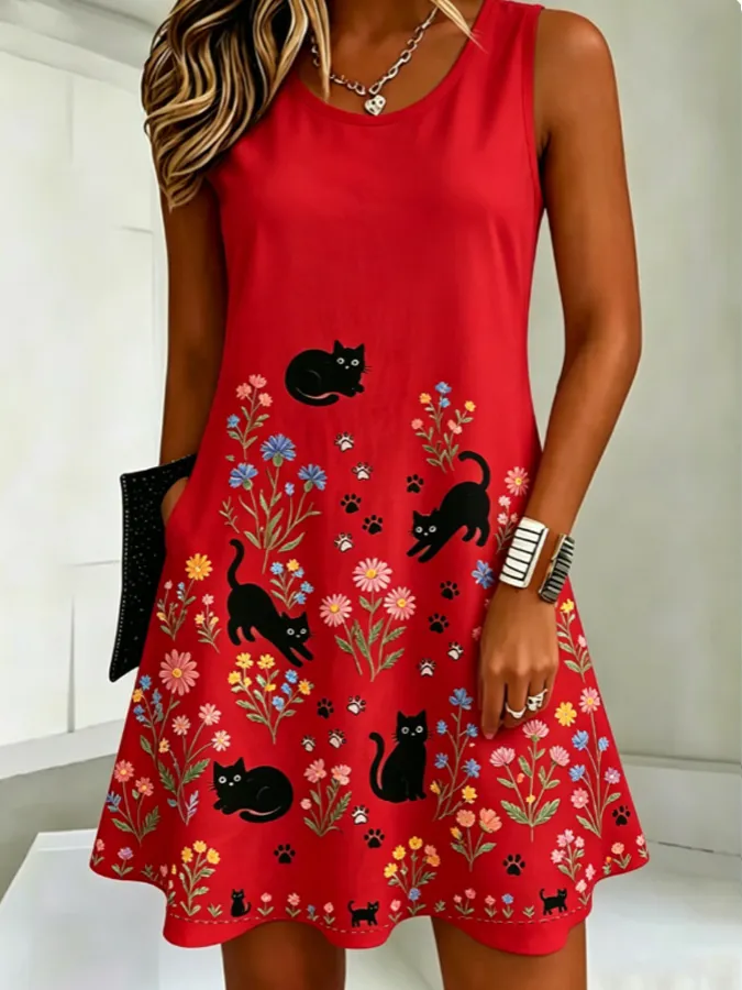 Women'S Cotton Linen Flower And Cat Print Dress