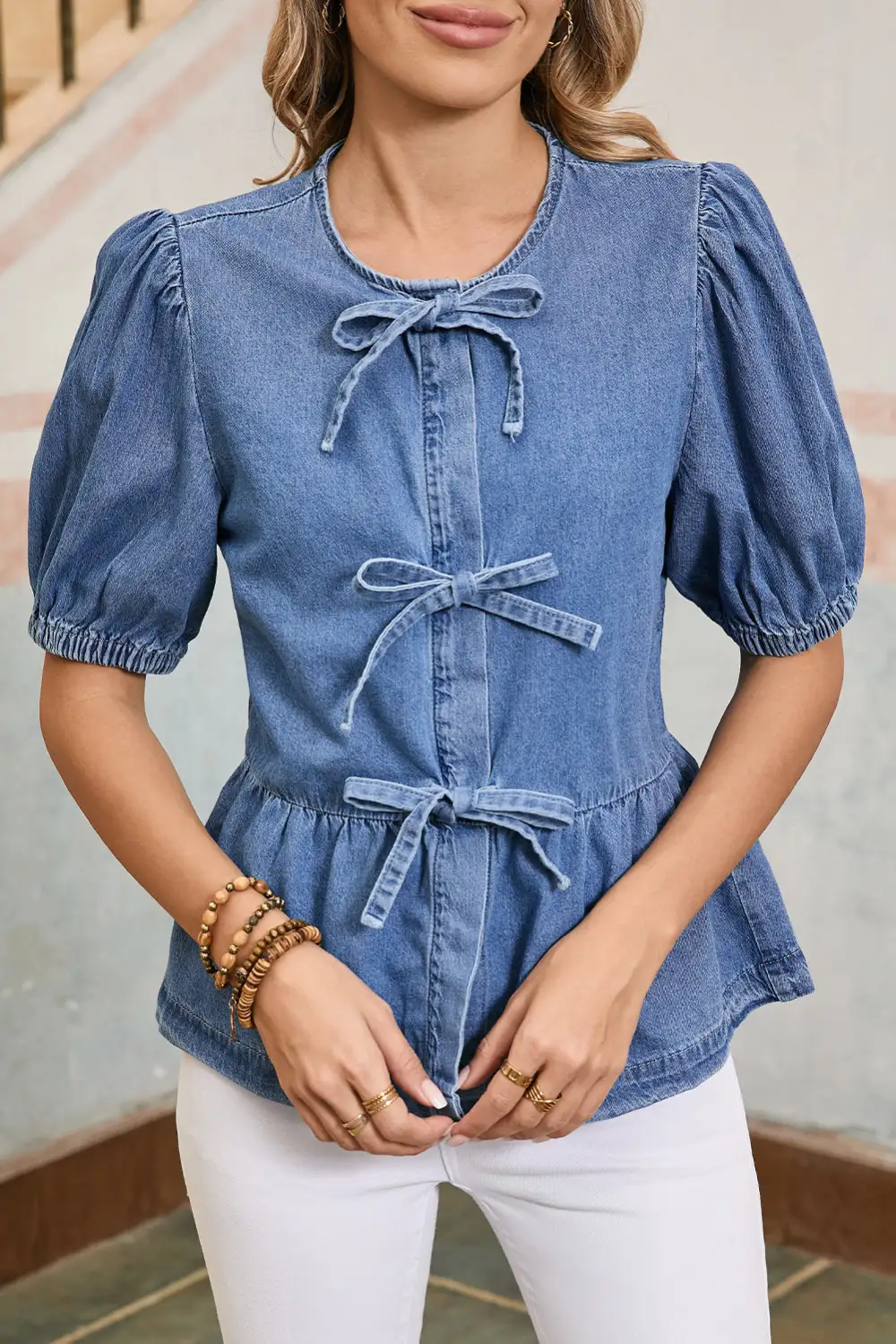 Ruffled Bow Detail Peplum Shirt Blouse