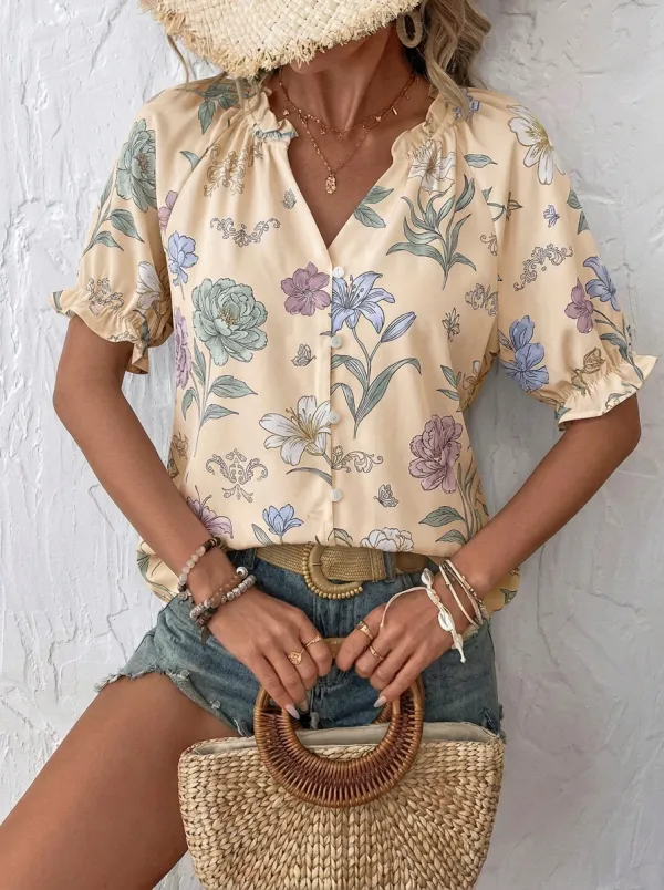 Women's Floral Botanical Print V-Neck Button-Up Printed Blouse