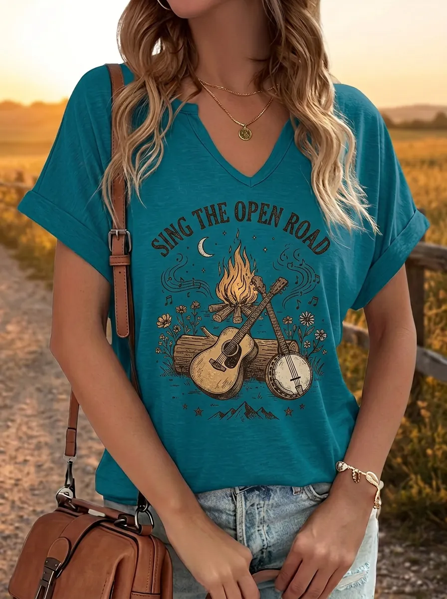 Campfire Women's Country Music V-Neck T-Shirt