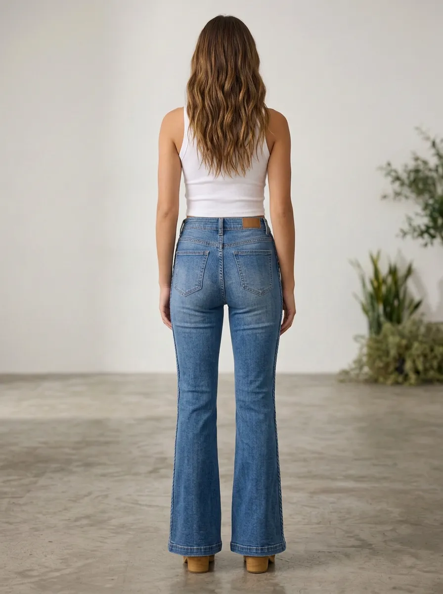 Women's Vintage Style Braided Side Detail High Waisted Flare Jeans