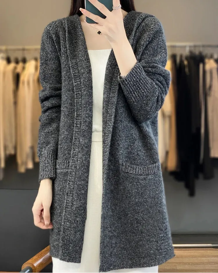 Merino-Wool Wool Hooded Longline Cardigan