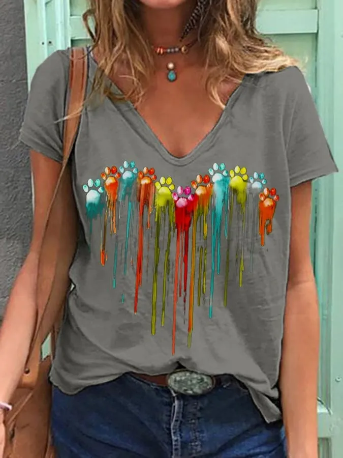 Women's Colorful Dog Paw Heart Print V-Neck T-Shirt