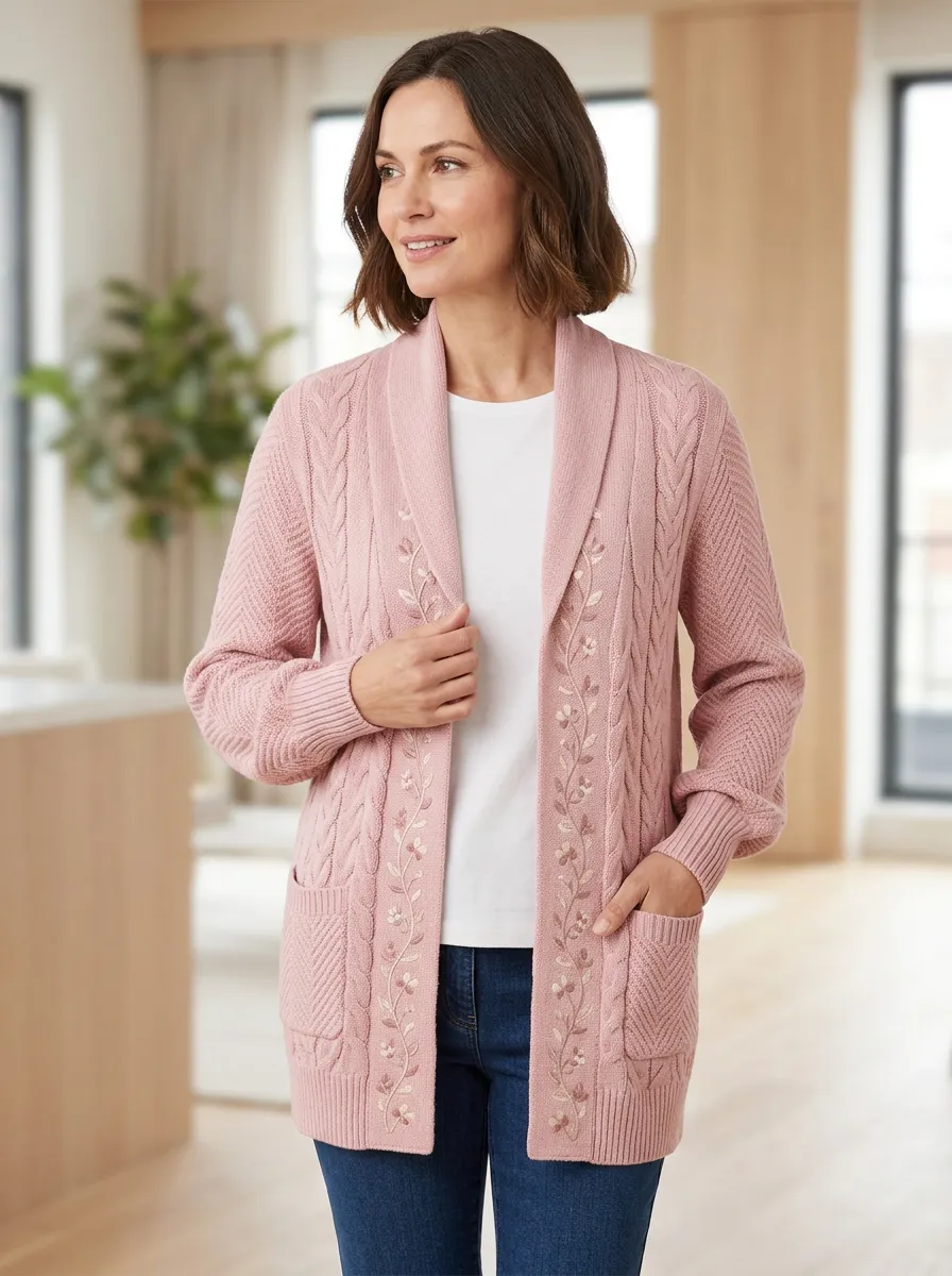 Women's Pink Floral Embroidered Cable Knit Cardigan