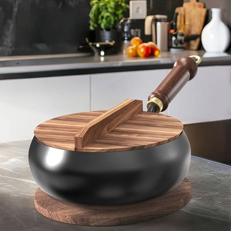 Durable Cast Aluminum Wok with Wooden Handle, Kitchen Essential for Stir-Frying and Simmering