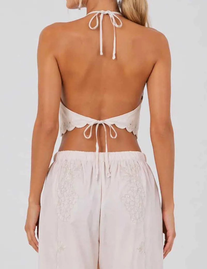 Embroidery Halter Tie-neck Backless Top