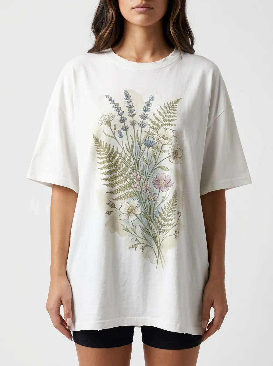 Women's Botanical Nature Lover Wildflower Fern Printed T-shirt
