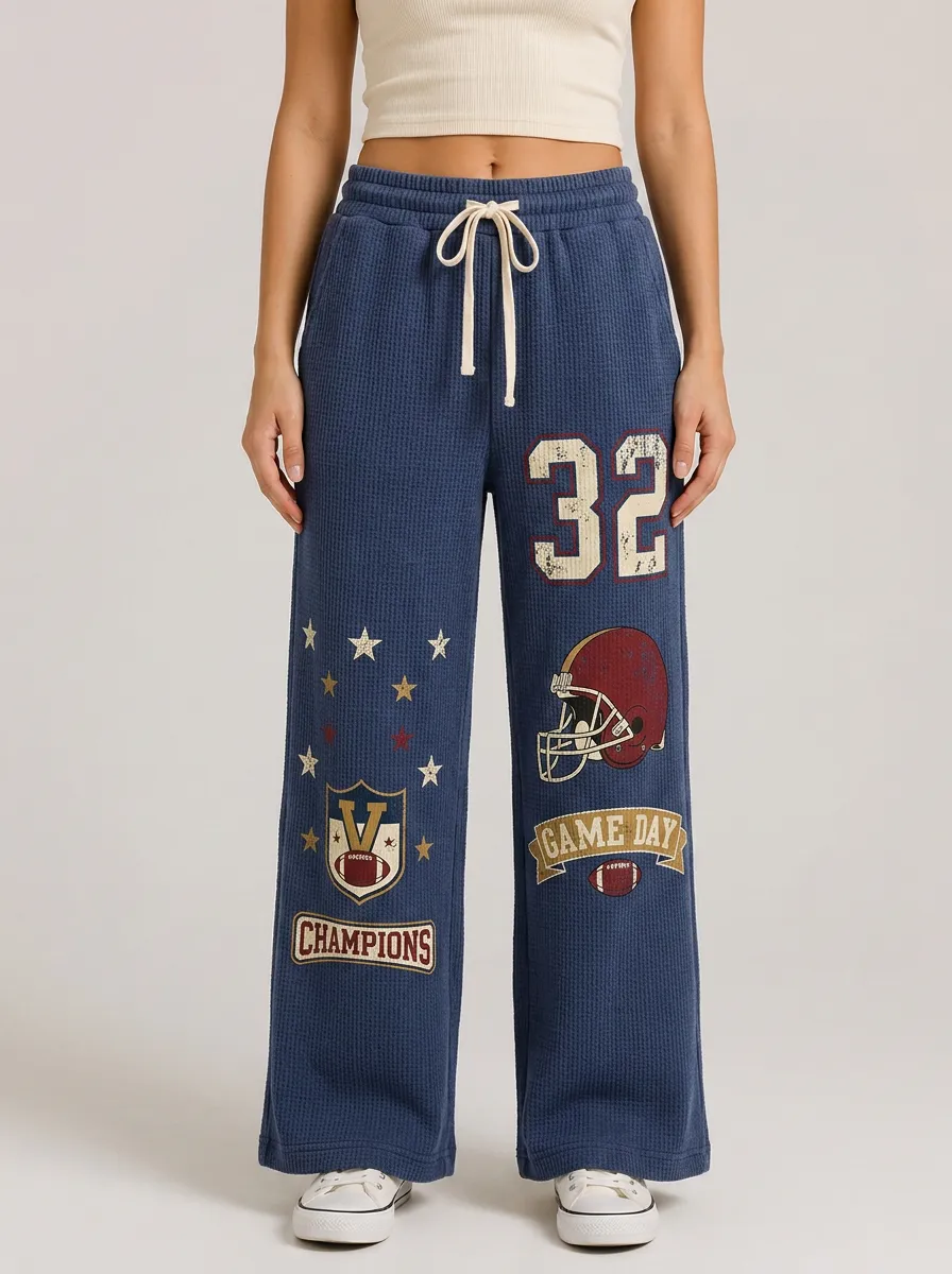 Women's Football Lover Helmet Stars Printed Waffle Pants