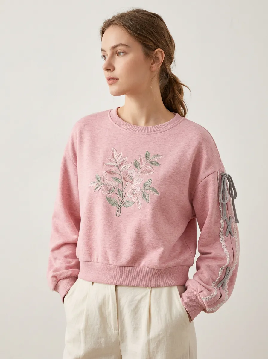 Women's Floral Botanical Pink Embroidered Lace-Up Sleeve Sweatshirt