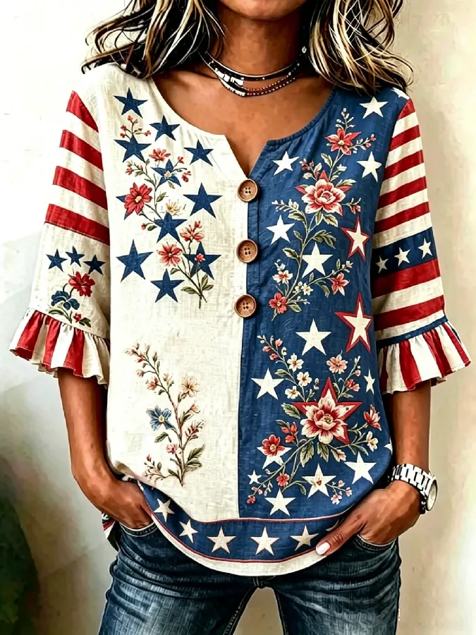 Women's American V-neck half sleeved printed ordinary micro elastic ordinary shirt