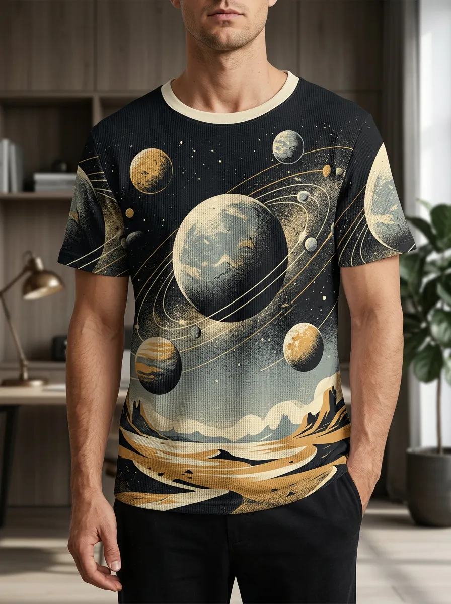 Men's Space Astronomy Planet Landscape Signature Crew Neck T-Shirt